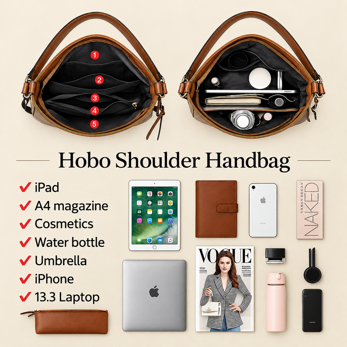 Luxury Leather Hobo Anti-Theft Handbag + FREE Pouch Wallet